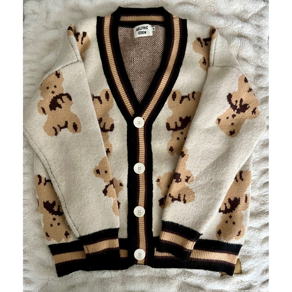 Aelfric Eden oversized Teddy Bear Knit Cardigan Cream V-Neck Sweater M